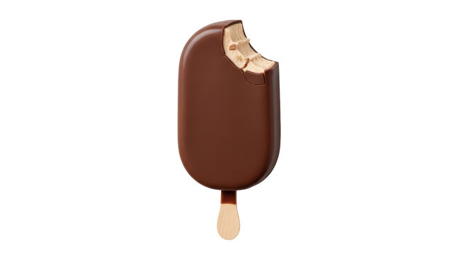 Chocolate covered ice cream bar with a bite taken isolated PNG, sweet dessert on a stick for summer treat and snack
