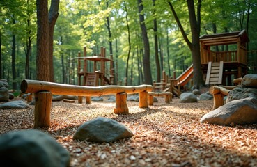 Wooden playground structures with balance beams, climbing ropes, and slides integrated into a natural forest setting. Ideal for outdoor recreation and childhood activities with safe play areas.