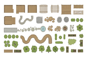 Top View Garden Landscape Graphic Diagram Artwork Vector Greenery Architectural Elements Set for Outdoor Planning and Design Projects. © prarthana