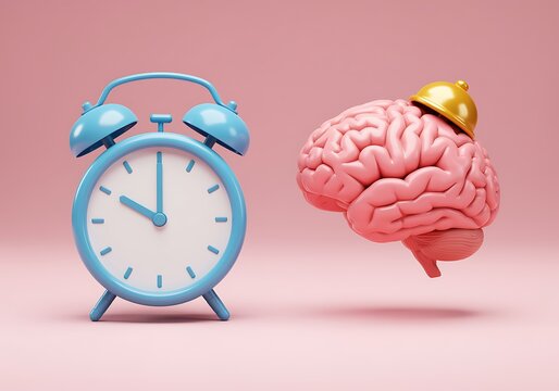 Blue alarm clock and pink brain with gold bell on top  symbolizing time and thinking  concept of deadlines and mental alertness