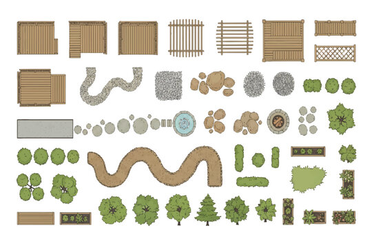 Top View Garden Landscape Graphic Diagram Artwork Vector Greenery Architectural Elements Set for Outdoor Planning and Design Projects.