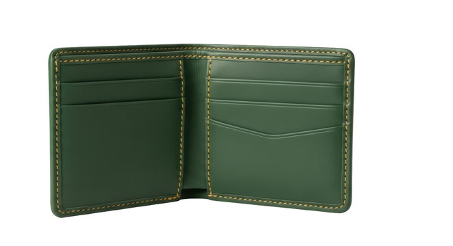 Open green leather wallet isolated PNG, stylish billfold with multiple card slots for money and personal finance management