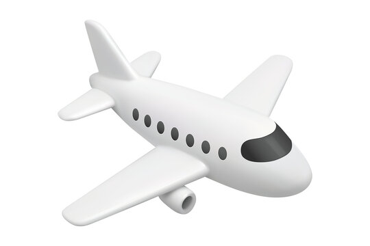 Playful 3D cartoon white airplane flying, cute minimalist toy jet icon, isometric illustration isolated on transparent background, png