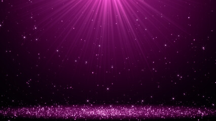 Fototapeta premium pink light rays with sparkling particles on a dark background, luxury glitter abstract particles and light rays celebration backdrop social media background