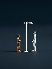 Social distancing concept with two miniature people divided by a row and 1 meter. Measure to prevent Coronavirus COVID-19 diffusion, 1 meter distance to keep between tow people during pandemic