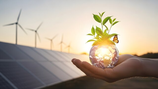 Sustainable Energy Future Concept with Green Plant Growing from Earth in Human Hand at Sunset,