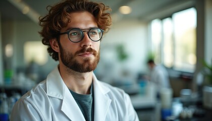 Obraz premium Young man scientist with curly hair wears glasses and lab coat. He looks thoughtful in modern lab with equipment. Researcher works on scientific project.