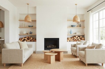 Naklejka premium Bright living room with fireplace, contemporary furniture, woodpile, decor, and neutral color palette showcasing modern interior design