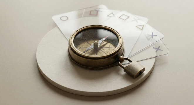 Brass compass on blank decision wheel with geometric overlays and padlock charm