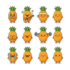 Fototapeta premium Cute Kawaii Pineapple Character Emoji Set. Funny Pineapple Fruit Mascot with Various Emotions and Expressions like Happy, Sad, and Gym Workout. Vector Sticker Pack for Kids and Summer Design.
