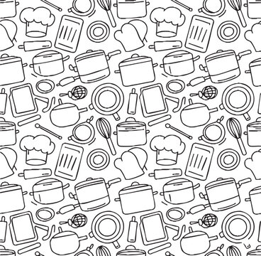 Black and white seamless pattern of kitchen utensils including chef hats, oven mitts, pots, pans, and rolling pins isolated