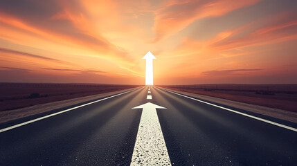 Empty road with a bold white arrow pointing straight ahead, embodying perseverance in the journey towards success, direction