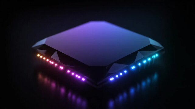 A futuristic device with neon lights on a dark background is displayed from an isometric viewpoint