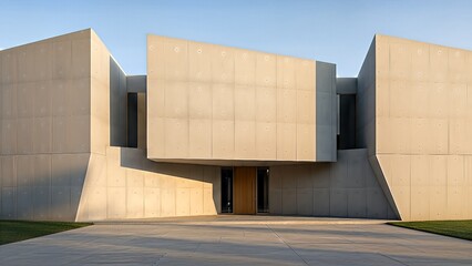 Modern Concrete Building with Striking Geometric Architecture Against Clear Sky.
