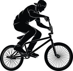 Naklejka premium Black BMX bike rider silhouette performing stunt with mountain bicycle and extreme sports athlete man isolated on white background for urban cycling vector design