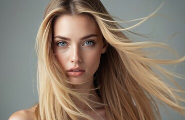Fototapeta premium Young blond woman with long straight hair. Blue eyes, full lips. Gentle breeze blows her hair. Studio shot with grey background. Beauty and style.