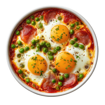 Huevos al plato o Huevos a la flamenca con jam&oacute;n y guisantes en una cazuela de barro blanca  sobre fondo blanco. Tipico plato de comida espa&ntilde;ol