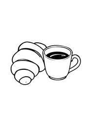 Simple black line art illustration of a croissant and coffee cup, suggesting a morning breakfast.