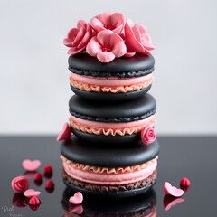 Valentines Day Macaron Tower Topped with Edible Blossoms on a Shiny Black Surface, Featuring Shades of Blush Pink and Deep Black
