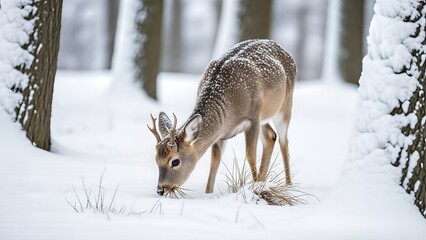 Young deer foraging for food in a serene snowcovered winter forest.