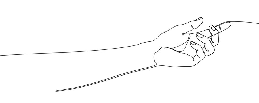 Human hand in one line art style. Drawing of an open palm or gesture, made by a continuous line with editable black stroke on a white background. Vector illustration.