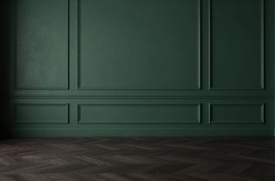 Elegant Dark Green Wall with Classic Trim and Parquet Flooring for Interior Design Mockups