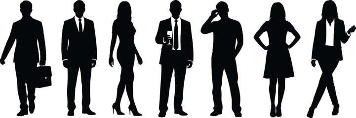 Fototapeta premium Black silhouettes of diverse business people standing in a row including businessmen in suits and professional women isolated on a clean white background