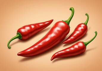 Four red chili peppers with green stems on a beige background for food and spice concepts