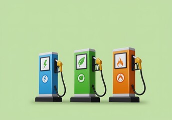 Fuel pumps for electric gas and oil vehicles for transportation and mobility on a green background