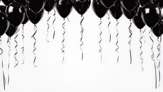 Many floating black balloons with streamer ribbons descending from the top, creating a celebration or somber background.