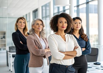 Obraz premium Confident businesswomen standing together, teamwork, diversity, office, professional, international women's day 2026 background