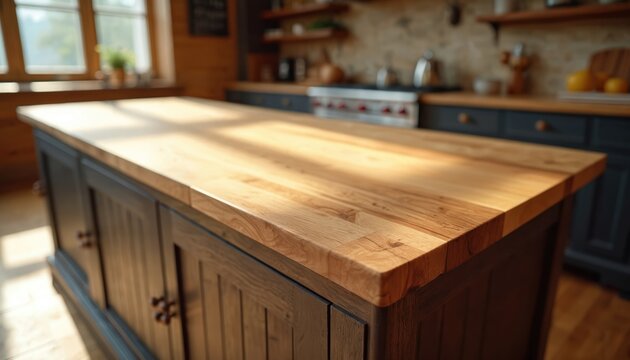 Light wood butcher block top sits on dark wood kitchen island. Natural wood grain shows detail. Kitchen island has cabinet doors. Sun shines on surface.