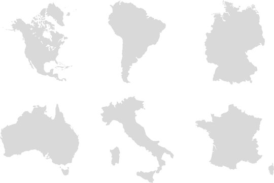 A set of world maps in gray and white colors, featuring North America, South America, Germany, France, Australia, and Italy. Vector illustration
