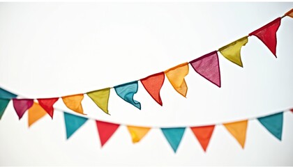 Obraz premium Two strings of colorful triangular bunting flags hang against a white sky. They are for outdoor celebration decoration like a festival or party.