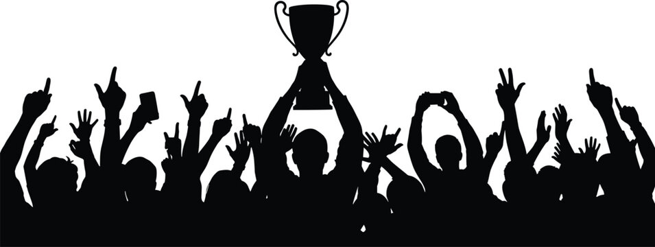 Black vector silhouette of a cheering crowd with raised hands and a person holding a trophy cup aloft isolated on a white background
