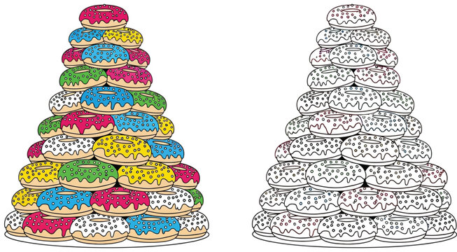 An outline version of a colorful donut pyramid stack with sprinkles Illustration of a Sweet Dessert Bakery Handle the Gathering On White
