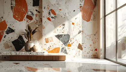 Modern terrazzo flooring featuring large earth toned chips and a matte surface reflects clean Scandinavian design for a contemporary interior generative AI