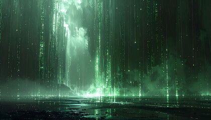 Abstract background of digital data streams with vertical light bars and green rain on a dark grey technological grid surface generative AI
