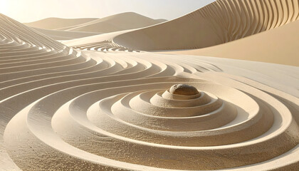 Abstract background of zen garden sand with minimalist beige concentric circles and raked lines creating a peaceful and harmonious atmosphere generative AI