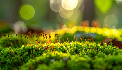 Extreme close up of lush green forest moss with tiny spore capsules and dew drops featuring soft background bokeh effects generative AI