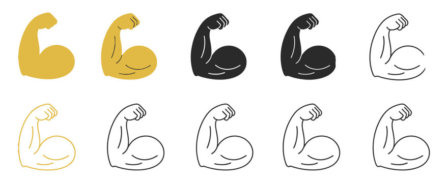 Muscle Icon Set, Flexed Bicep Arm Icon Hand Emoji, Feats of Strength Sign, Muscular Arm Symbols, Fitness and Gym Power Icons, Flat Vector Illustration