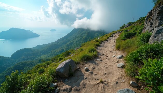 Sandy mountain path winds along coastal cliffs overlooking blue ocean and green hills. Lush vegetation grows near rocky terrain under partly cloudy sky. Nature hike offers amazing sea view.