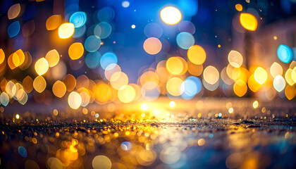 Unfocused nocturnal city lights with soft bokeh effects in gold and blue tones create an atmospheric and very elegant urban scene generative AI