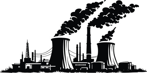 Power Plant Industrial Skyline with Cooling Towers Smoke Illustration.