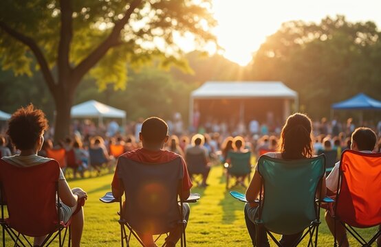 People sit on chairs in park for outdoor concert. Audience watches stage, enjoying music festival on grass. Sunny day with trees, tents, summer fun.