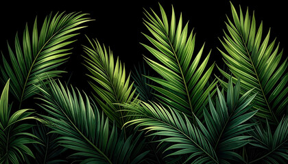 Close up of long slender green palm leaves with serrated edges overlapping against a black background creates a lush tropical feel generative AI