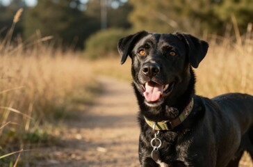 Happy Black Labrador Mix Dog Smiling on Trail in Outdoor Nature Setting