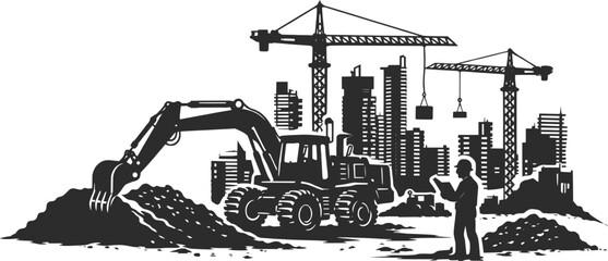 Obraz premium Construction Site Excavator Crane and City Skyline Illustration.