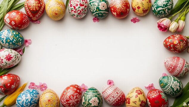 Folk Easter Eggs Frame with Copy Space and Spring Flowers 