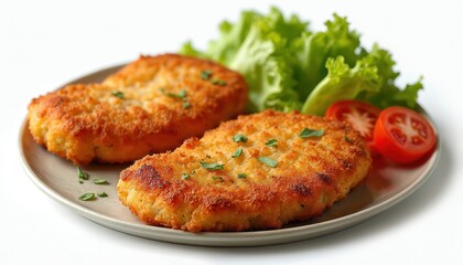 Two golden breaded cutlets served on plate with fresh lettuce and tomato slices. Delicious meat dish prepared for meal. Traditional italian cuisine.